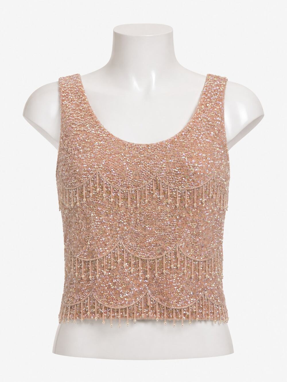 Vintage Pink Sequin Beaded Scallop Fringe Evening Party Tank Top Womens L